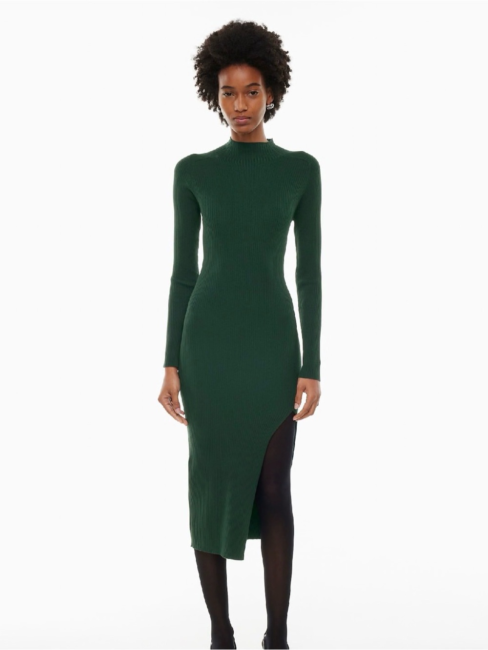 🌳 Wilfred Forest Green Ribbed Long-Sleeve Midi Dress with Side Slit